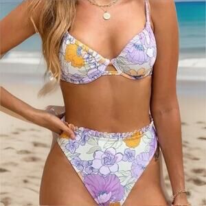 Cupshe Bikini Set Women Medium Purple Floral Underwire Push Up Cheeky 2 Piece